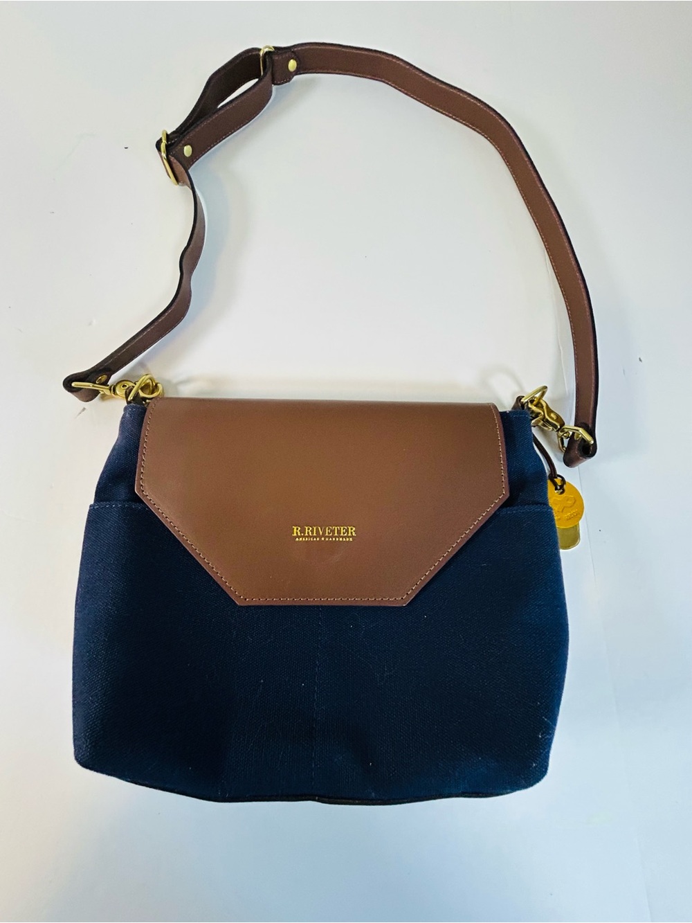 NWOT R. Riveter Navy and Brown Leather Crossbody Satchel